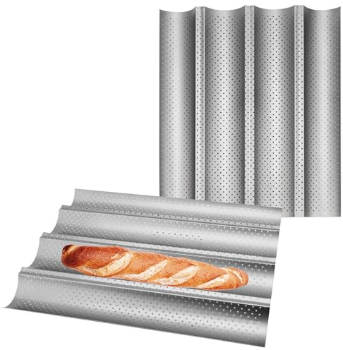 CHUENKK 2 stycken baguetteplåt (för 4 baguetter), baguetteform, baguetteplåt för baguetter, franskt och italienskt bröd, 38 x 33 x 2,4 cm, silver