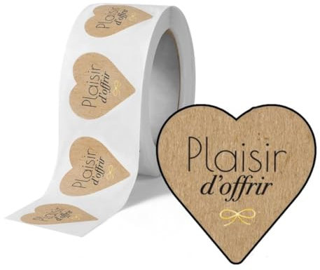 Avery - 500 Etiquettes Plaisir d'Offir Cœur Kraft Autocollantes en rouleau - 37 x 37 mm - Plaisir d'Offrir - 1 rouleau de 500 Stickers pour fleuriste, entrepreneurs, smallbusiness.