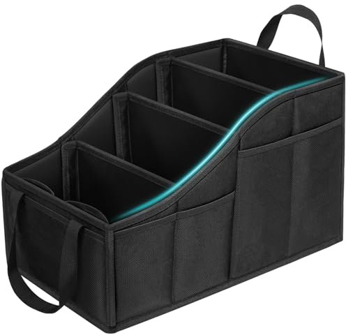 YOHOOLYO Organizador de coche para niños, asiento trasero con 4 compartimentos y 4 soportes para bebidas, plegable, asiento trasero del copiloto, para juguetes, libros, aperitivos, color negro