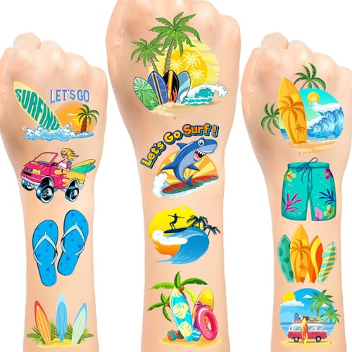 24 Sheets (144 PCS) Summer Surfing Surf Temporary Tattoos Stickers Birthday Theme Party Decorations Favors Supplies Decor Cute Beach California Hawaiian Ocean Surfer Stickers Gifts for Surfing Kids