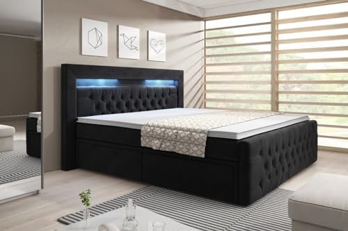 Boxspringbett Sera 180x200 Doppelbett Polsterbett Bett mit LED-Beleuchtung und Stauraum | Bezug: Samt | Farbe: Schwarz | Härtegrad: H3 (70-100kg)