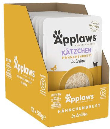 Applaws 100% natürliches Nassfutter für Kätzchen, Hühnerbrust in Brühe - Packung mit 12 x 50g Beuteln