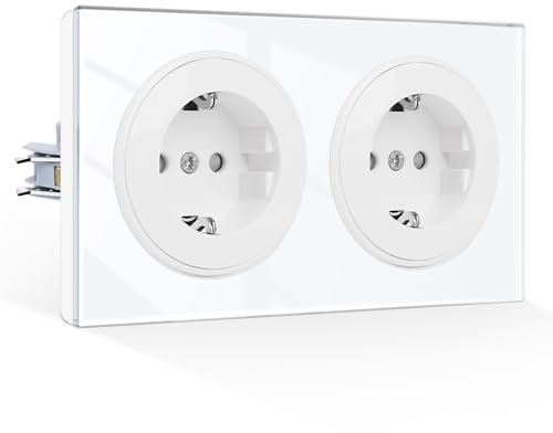 CNBINGO Doppelsteckdose Unterputz mit Krallen - Glas Schuko Steckdose mit Kindersicherung - 16 Amp Schutzkontakt Wandsteckdose - Weiß