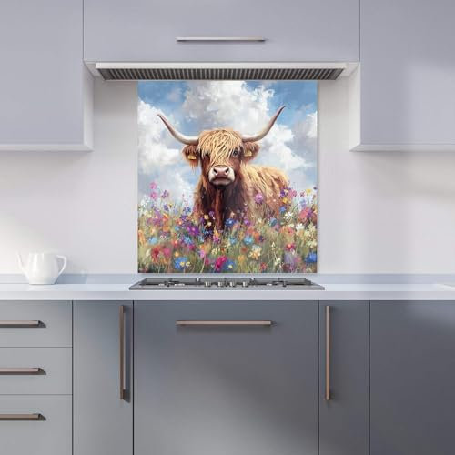 Premium Highland Cow In A Summer Meadow Kitchen Splashback 6mm Toughened Glass Kitchen Splashback – Heat Resistant Splashback for Kitchens, Perfect for Cookers and Hobs, Polished Edges