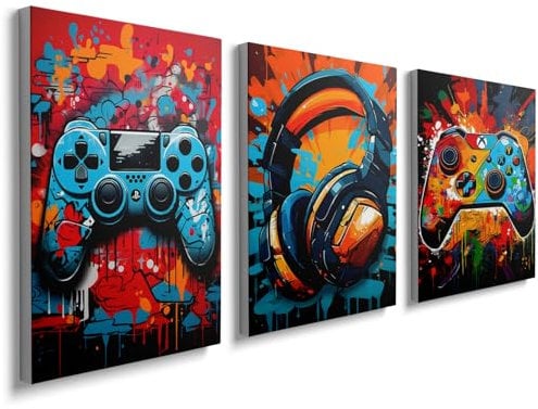 Colourful Canvas Wall Art for Bedroom - Set of 3 Print Framed Pictures Gaming Posters 1106