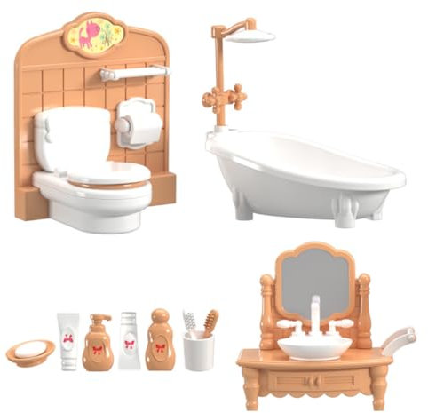 KARLOR Miniatur Möbel Set Badezimmer, 11 Pcs Mini Möbel Set,Badewanne Toilette Waschbecken Toilettenartikel Zubehör 1:12 Deko Bathroom Dekoration（Badezimmer）