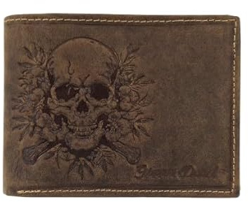 GREEN DEED - Geldbörse Herren - Portmonee aus Leder, Braun - Motiv Totenkopf - 12 x 9 x 3 cm - mit Kreditkartenfächern, Mesh-Fach - RFID-Schutz - Geschenkidee - Geldbeutel für Jäger