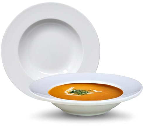 UNIQUE HOME LIVING 22.5cm Pasta Plate Set of 2, White Porcelain Plates, Serving Dish Pasta and Soup Bowls for Kitchen Tableware, Microwave & Dishwasher Safe