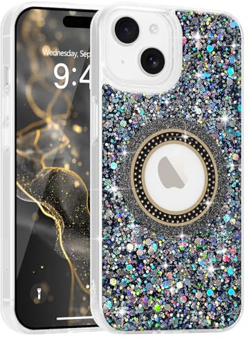 Teageo Magnetic Case for iPhone 15 Plus/14 Plus, Glitter Women Cover, Black | Compatible with MagSafe, Magnetic Slim Logo View Phone Case, Shockproof Ultra Thin Bling Sparkle Cover
