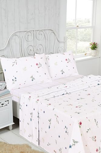 Rapport Home Flannelette King Size Sheet Set - Meadow Floral Brushed Cotton 4 Piece Bed Sheet Set
