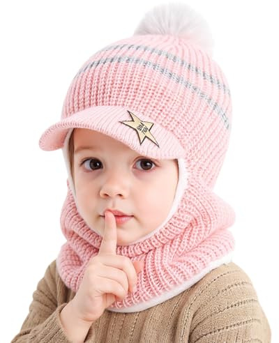 AYPOW Barn slip-mössa flickor pojkar varm vintermössa termo fleece fodrad stickad mössa halsduk mössa vindtät mössa balaclava med tofs huva loop halsdukar småbarn, ROSA, One size