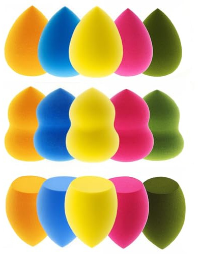 15-Pack Soft Makeup Sponges, Multi-Shape for Foundation | 3 shapes, 5 colors (orange, navy, yellow, rose red, matcha green), works with liquid, cream & powder foundation and concealer