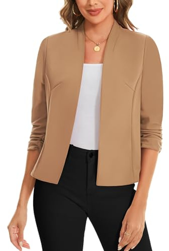 LADI TREND 3/4 Ruched Sleeve Open Front Cardigans Blazer Front Lined Womens UK Blazers Crop Shrug Jackets Smart Cover Up Stretch Outerwear Top Runs Small (Dark Khaki, M)