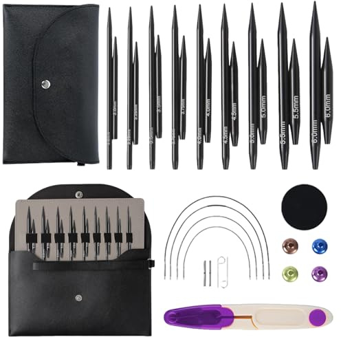 Kurze Rundstricknadeln Set Austauschbar, 9 Paare 3–6 mm mit 5,3 cm Mini-Nadeln, 4 Kordeln 19–40 cm, inkl. Tasche & Zubehör, Professionelles Rundstricknadel Set für Anfänger und Erwachsene