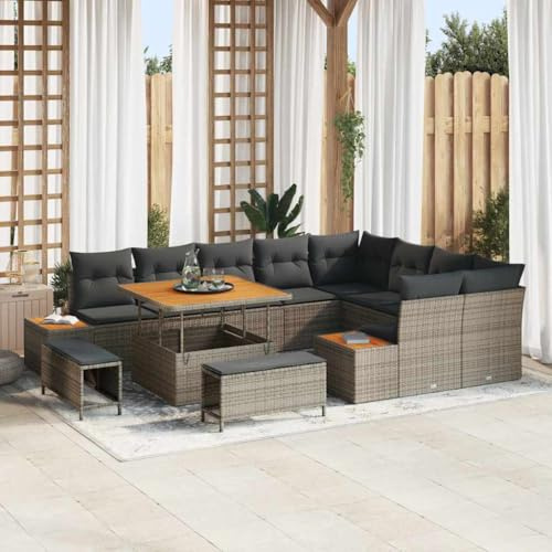 Yunovire Modernes Gartensofa-Set 12-teilig, Grau Poly-Rattan, mit Akazienholz-Tisch, für Terrasse, Balkon, Außenbereich, Bequeme Lounge-Sitzgruppe