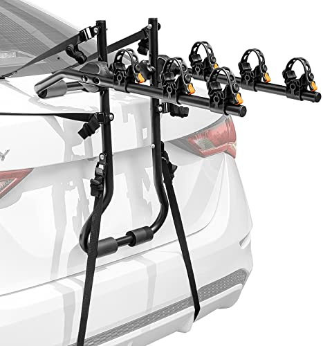 GYMAX Porte-Vélos pour Automobile, pour 3 Vélo avec Barre Transversale du Cadre, Bras de Support Réglable, avec Sangle de Sécurité, Adapté à la Plupart des Berlines, Hayons, Monospaces et SUVs