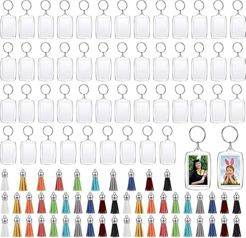 CECOMBINE 50 Stück Acryl Schlüsselanhänger Set mit 15 Farben Quasten, Transparent Bilderrahmen Schlüsselring, Blanko Schlüsselanhänger für Geschenke Party Bastelset, Geschenk für Männer und Frauen