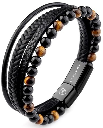 LIVLOKO LONDON Mens Bracelet Leather Black Multi-Layer Tiger Eye Stone Beads Adjustable Steel Clasp Viking Rope Bands Surfer Man Wristband Male UK Jewellery Gift box Husband Boyfriend Dad Son
