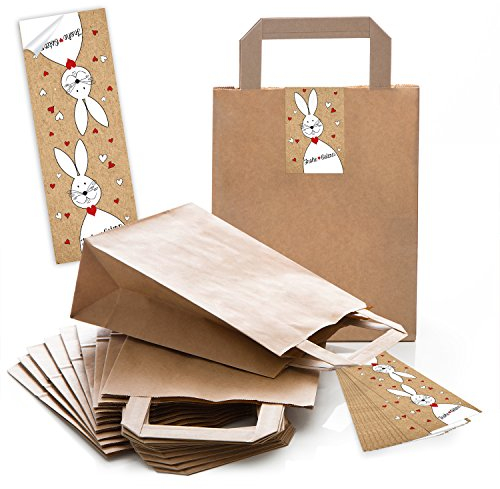 Logbuch-Verlag 5 Osternest Beutel Ostertüten aus Kraftpapier - Geschenktüte Frohe Ostern mit Henkel 18 x 8 x 22 cm mit Aufkleber - Osterhasen Tüten