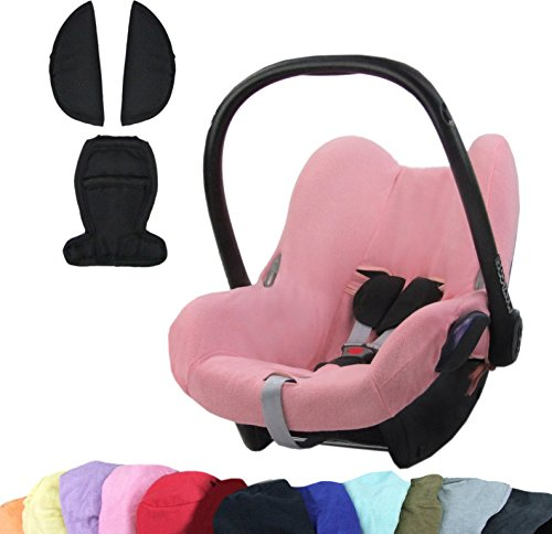 BAMBINIWELT KOMBI-ANGEBOT Sommerbezug, Schonbezug, Bezug aus Frottee + Gurtpolster für Maxi Cosi CabrioFix (rosa + schwarz)