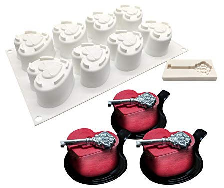 molde pastel 3d, moldes silicona 3d para postres pudín chocolate, 8 cavidades Forma de corazón con llave, Blanco