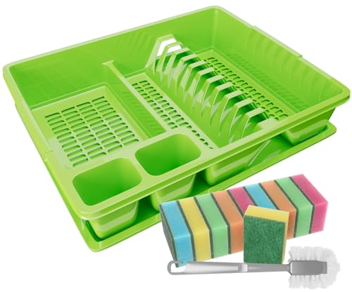 WELLGRO Abtropfgestell aus Kunststoff mit Reinigungsbürste und 10 Schwämmen - 44x35x9 cm (LxBxH) - Schale Geschirrkorb Abtropfkorb Abtropfgitter für Spüle Made in Europe, Farbe:Grün