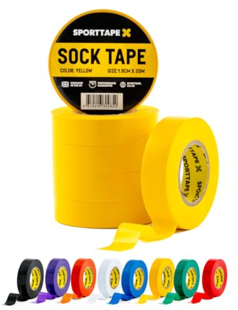 SPORTTAPE Sock Tape - 6 Rolls, Yellow - 1.9cm x 20m, PVC Insulating Tape | Football, Soccer & Rugby - Holds up Football Socks, Shin Pads & Shin Guards | Secures Lifting Blocks, Boots & Ear Taping