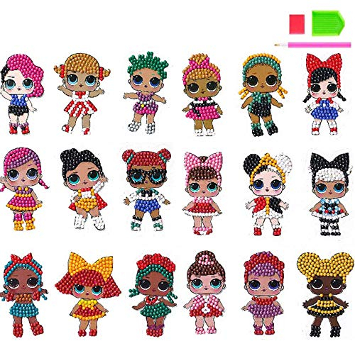 Geenber 5D DIY Mädchen Diamantmalerei Aufkleber Kit für Kinder 18 Stück LOL Diamantmalerei Mosaik Aufkleber Art Kits nach Zahlen für Kinder Anfänger - Puppe