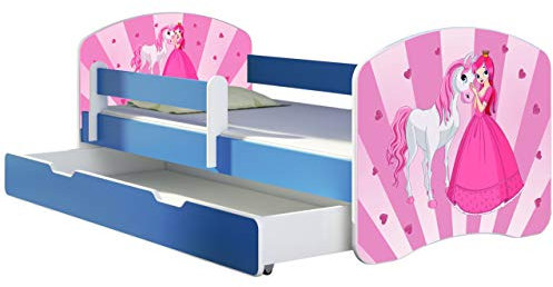 ACMA Kinderbett Jugendbett mit Einer Schublade und Matratze Blau mit Rausfallschutz Lattenrost II 140x70 160x80 180x80 (08 Princess, 140x70 + Bettkasten)