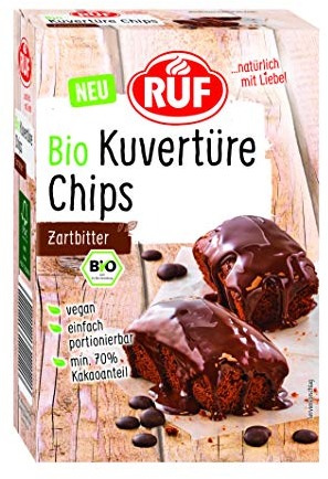 RUF Bio Kuvertüre-Chips Zartbitter, mit mind. 70% Kakaoanteil, zum Glasieren & Dekorieren von Kuchen, Torten & Keksen, glutenfrei & vegan, 1 x 150g