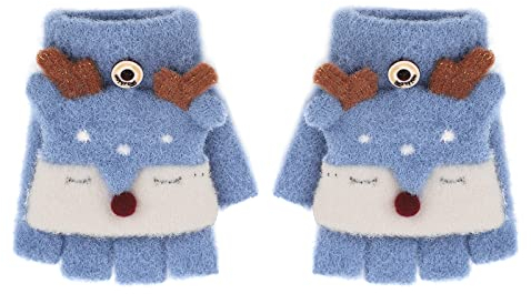 Fäustlinge mit Knopf Klappe Fingerlose Handschuhe für Kinder Winter Warm Strickhandschuhe Plüschfutter Winterhandschuhe in Kaninchen Optik (Eule-Blau)