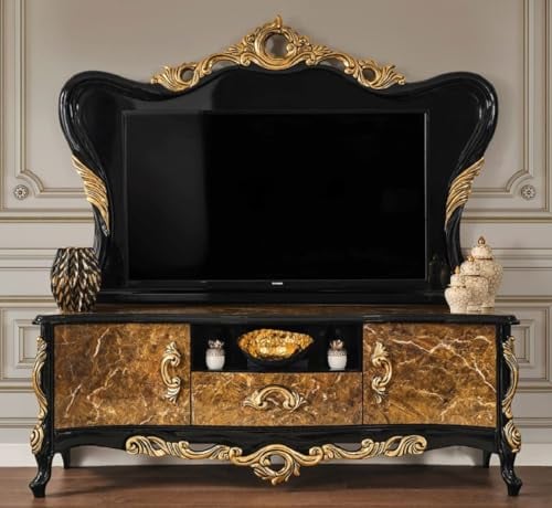 Casa Padrino Luxus Barock TV Schrank Braun/Schwarz/Gold 180 x 50 x H. 190 cm - Prunkvolles Massivholz Sideboard - Barock Wohnzimmer Möbel