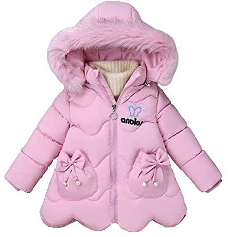 Nemopter - Piumino da bambina, imbottito, con cappuccio in pelliccia, giacca invernale da ragazza, spessa e calda, antivento, Rosa, 4-5 Anni