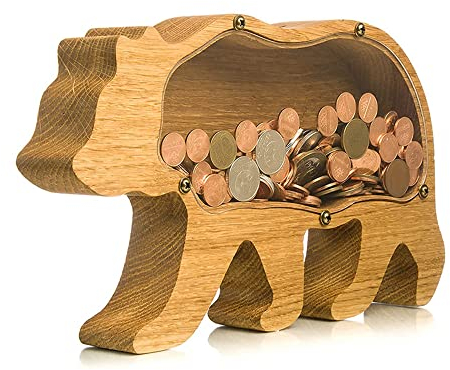 JMAHM Sparschwein mit Tiermotiven, Holz-Münzdose für Kinder und Erwachsene, Geburtstagsgeschenk, Heimdekoration, Bärenfarbe