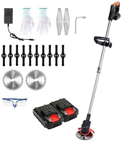 Yakimz Rasentrimmer inkl. Akku 12V Rasen Kantenschneider mit 1.5 Ah Li-Ion-Akku und Kunststoffmesser 15 cm Schnittbreite Teleskopstiel 3-Fach Schnittwinkelverstellung