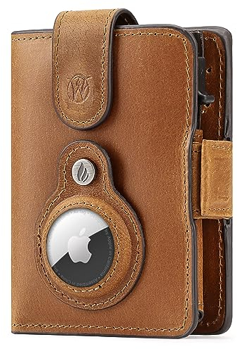 Will Fire® Smart Wallet Herren mit Airtag-Fach & Photokapsel | Inkl. Airtag Anhänger | Echtleder Airtag Wallet mit Münzfach & Scheinfach | RFID Schutz | Bis zu 12 Karten | [Cognac]