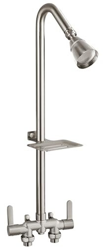 Aolemi Outdoor Shower Fixtures,Outdoor Shower Kit Faucet System 3 Inch Center with Showerhead 2 Handle Exposed Shower with Brass Mix Valve Pipe Downward with Soap Dish Brushed Nickel