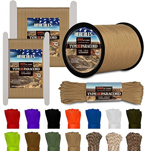 HERCULES Typ III Paracord 550 Paracord Seil Fallschirmschnur, 100' Desert Tan für Campingseil, Überlebensseil