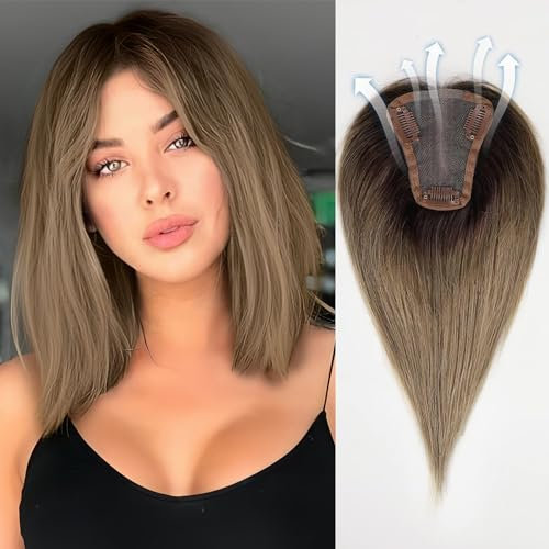 HAIRCUBE Haartopper Echthaar für Frauen, 100% 3,5in*4in handgebundene Haartopper mit Swiss Lace Basis 12 Zoll (ombre aschbraun)