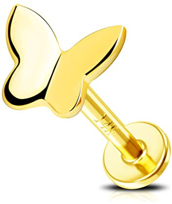 Jewseen 14K Echt Gold Schmetterling Gewindelose Flache Rückseite Studs Knorpel Ohrringe 16g Spirale Piercing Schmuck Tragus Ohrstecker Damen Nase Piercing Herren Gold Barbell