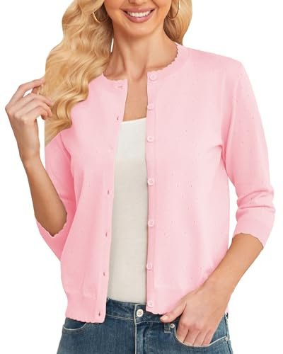 CUNYI Gilet Femme Élégant Cardigan Court Manches 3/4 Casual Pull Léger à Col Rond avec Boutons, Rose S