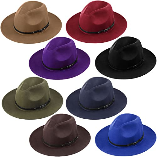 Yahenda 8 Pcs Classic Wide Brim Hats for Women Men Bulk Floppy Felt Hats with Belt Buckle Vintage Boho Wool Wide Brim Hat for Cowboy Cowgirl Costume, 8 Colors
