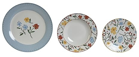DKD Home Decor Vajilla de la Marca, Color Blanco y Azul, de Porcelana (27 x 27 x 3 centímetros) (18 Piezas)