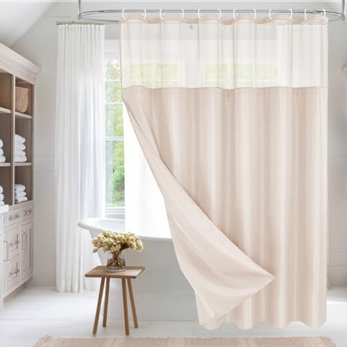 MitoVilla Pink Long Shower Curtain 72 x 78, 78 inches Long Cloth Mesh Top Window Shower Curtains for Hotel Spa Bathroom Decor, Blush Pink Waffle Fabric Shower Curtain Set with Snap-in Liner