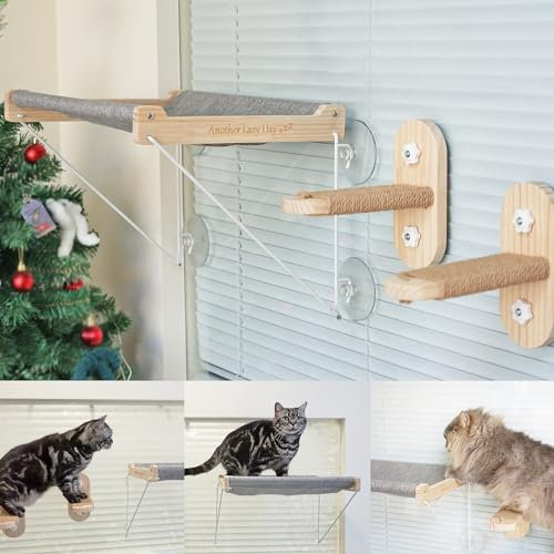 Meeyoview Cat Window Perch with Two Steps, Foldable Cat Window Bed with Sisal Cat Window Shelf, Cozy Cat Window Hammock for Indoor Cats(18'' Window Perch and 2 Window Steps Set)