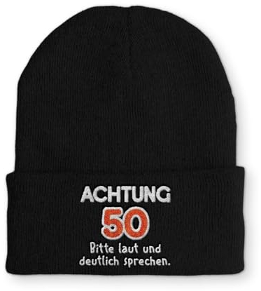 tshirtladen Achtung 50 Bitte laut und deutlich sprechen. Statement Beanie Mütze Wintermütze mit Spruch, Farbe: Black