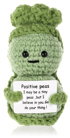 BOXOB Lustige Positive Erbse, 9,8cm Kreative Süße Positive Erbse Gehäkelt für Emotionale Unterstützung Gurkenspielzeug mit Inspirierenden Karten für Freunde Party-Dekoration Ermutigung