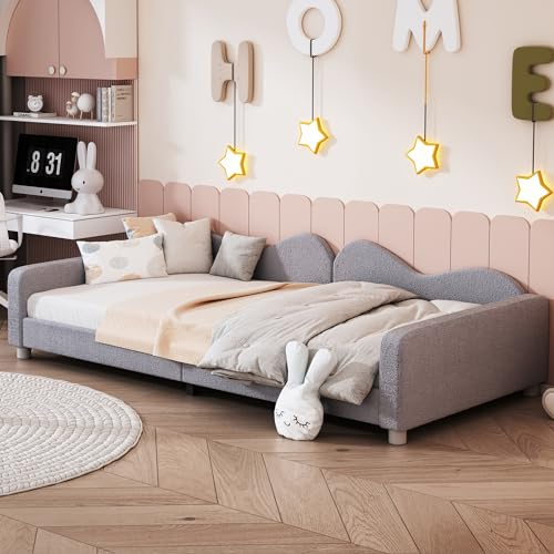 Merax Polsterbett Kinderbett 90x200 cm aus weichem Teddystoff – Schlafsofa mit Rückenlehne und Armlehnen in Grau, das ideale Bett für Kinder und Gäste (ohne Matratze)