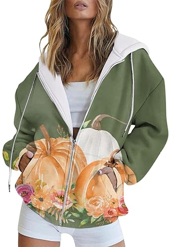 Oversize Jacke Damen Mode Herbst und Winter Bunte Kürbis Druck lässig Taschen Langarm Kordelzug Kapuzenjacke Reißverschluss Damen Kapuzen-Sweatshirt Schwarze Pullover Damen (AG, M)