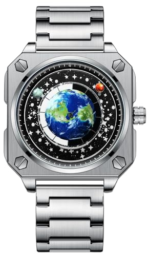 Silverora Uhren Herren Edelstahl Quadratische - Universum Sternenhimmel Analoge Quarzuhr 3ATM Wasserdicht Rechteckig Edelstahlarmband Uhr mit Leuchtende Zifferblatt Zeiger Geschenke für Männer Silber